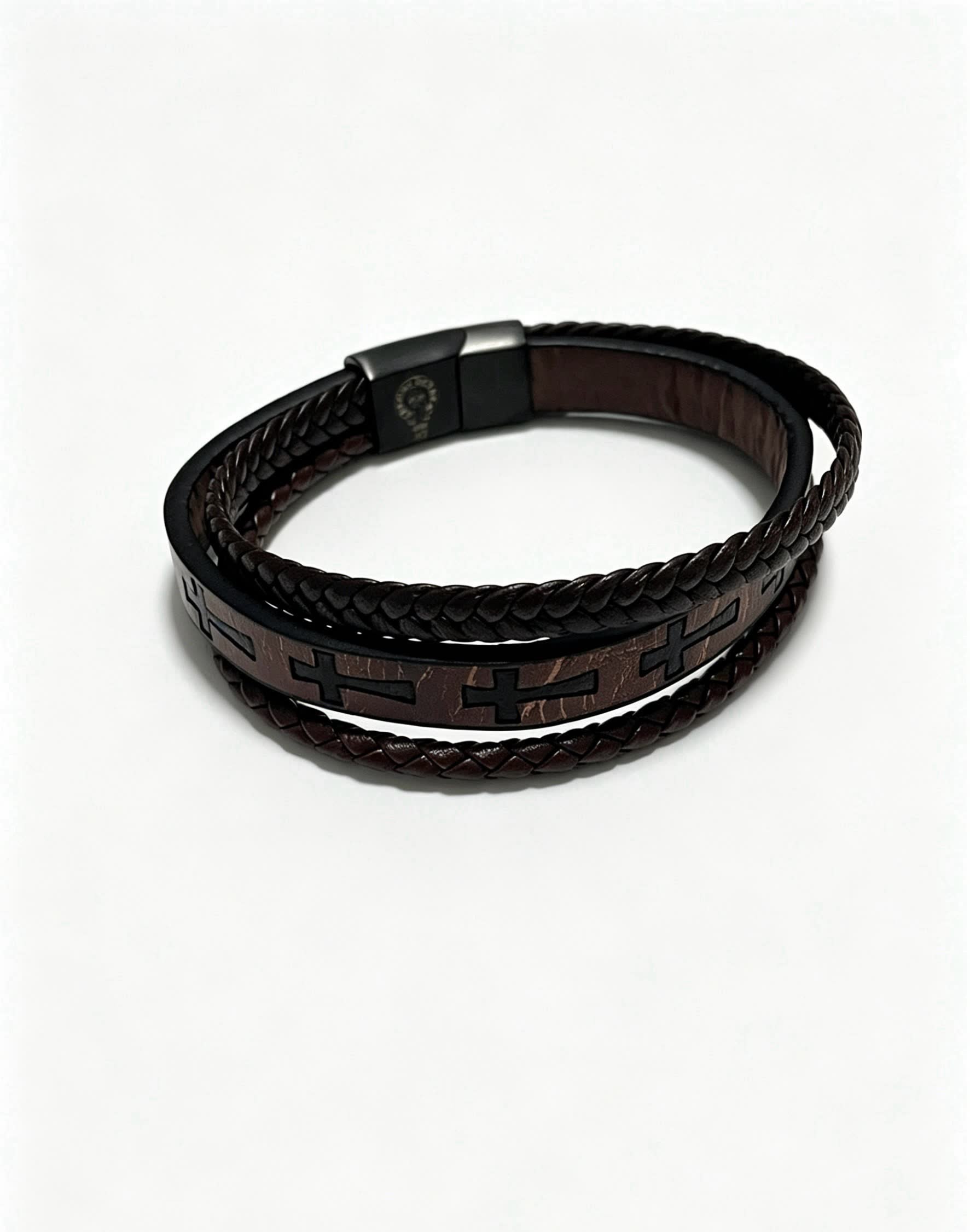 Chrome Hearts Men's Brown Leather Bracelet with Cross Design